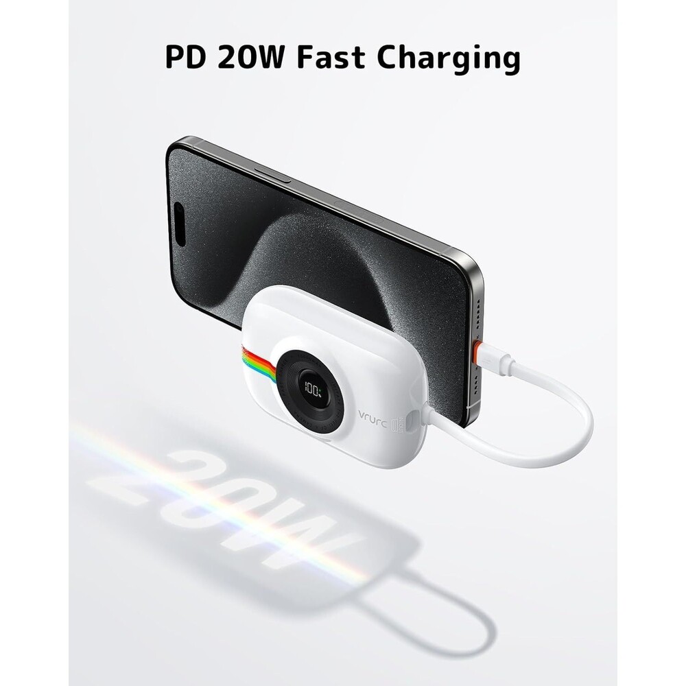 VRURC 10000mAh Portable Charger w Built-in Cable, 20W Fast Charging Power Bank